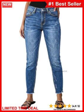 Mid Waist Crop Skinny Jeans Ripped Raw Hem Cotton Blend